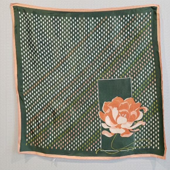 Accessories - 🎀70S Twill Acetate Green Peach Square Scarf Floral Check 26.5x26.5